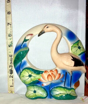 Vintage MCM Crane Flamingo Wall Pocket | Made in Japan Ceramic Bird Planter